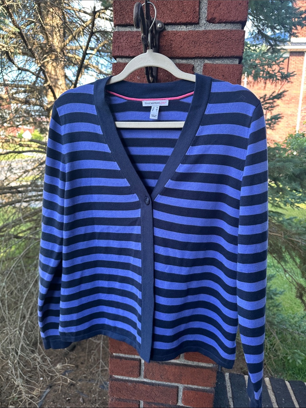 Isaac Mizrahi Navy and Periwinkle Striped V-Neck Cardigan